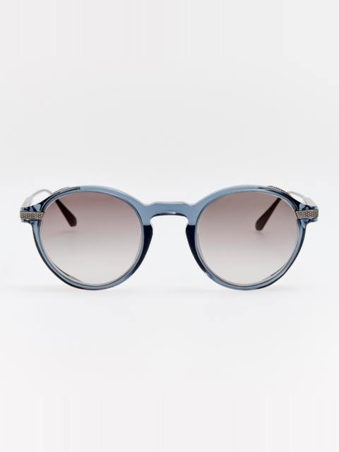 LINDA FARROW Orion Sunglasses in Antique White Gold and Navy