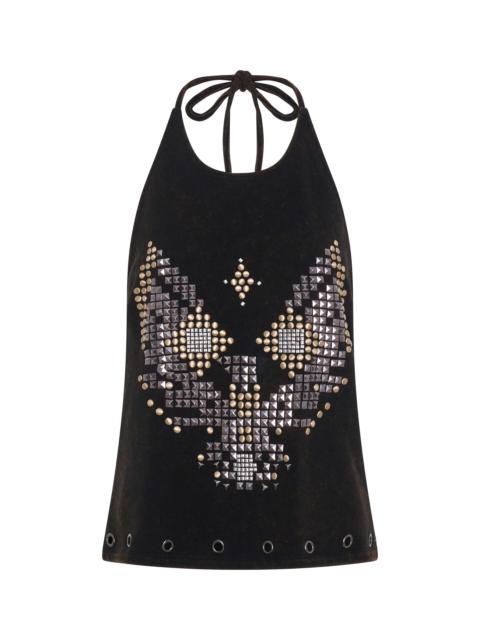 ONE TEASPOON Studded Eagle Acid Wash Halter Top - Black Tobacco