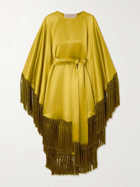 Belted fringed draped duchesse silk-satin dress Yellow