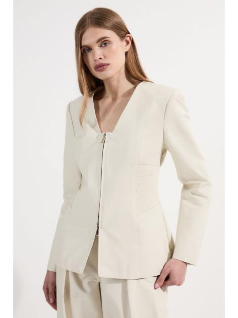 KAREN MILLEN Archive Collection - Tailored Cotton Pintuck Grosgrain Zip Front Blazer
