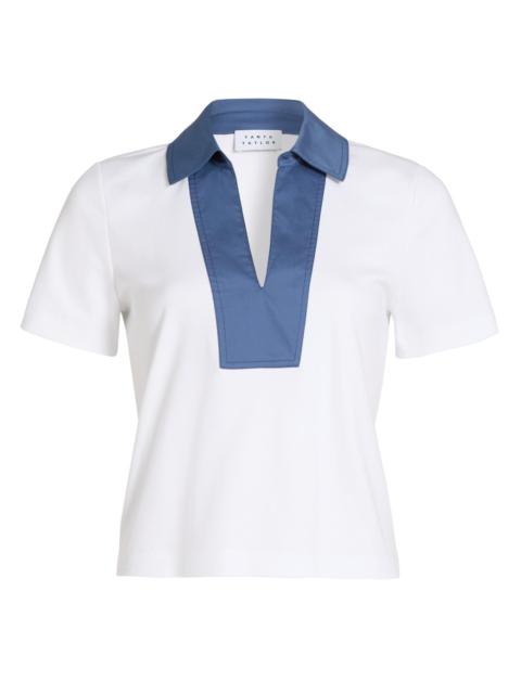 TANYA TAYLOR Women's Melanie Johnny Collar Cotton Short-Sleeve Top - Optic White French Blue