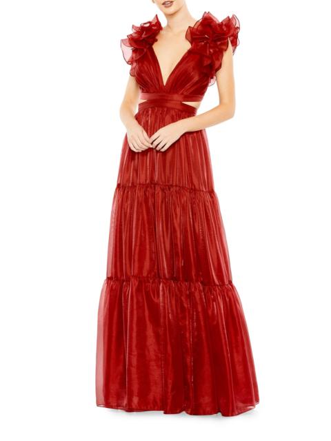 MAC DUGGAL Women's Tiered Cap Sleeve Gown - Wine