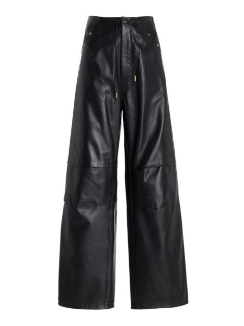 Daisy Drawstring Wide-Leg Leather Pants black