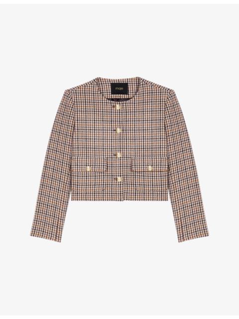 maje Round-Neck Short Checked Wool-Blend Jacket