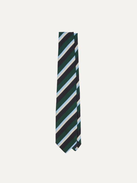 Drake's Green, Blue and White Multi Stripe Mogador Silk Tipped Tie