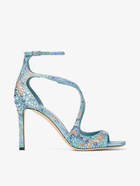 JIMMY CHOO Azia 95 Sky Mix Satin Sandals with Multi Crystal Embellishment