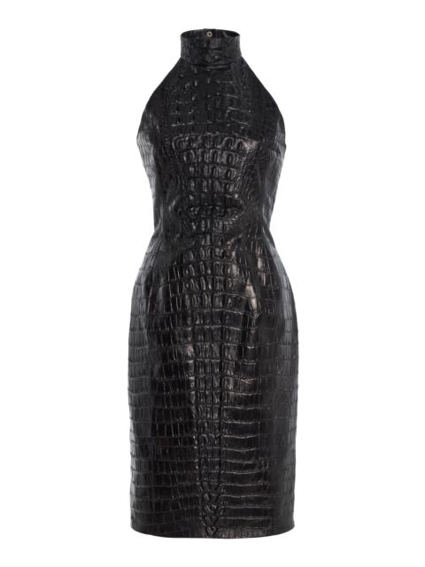 Balmain Croc-Embossed Leather Midi Halter Dress black