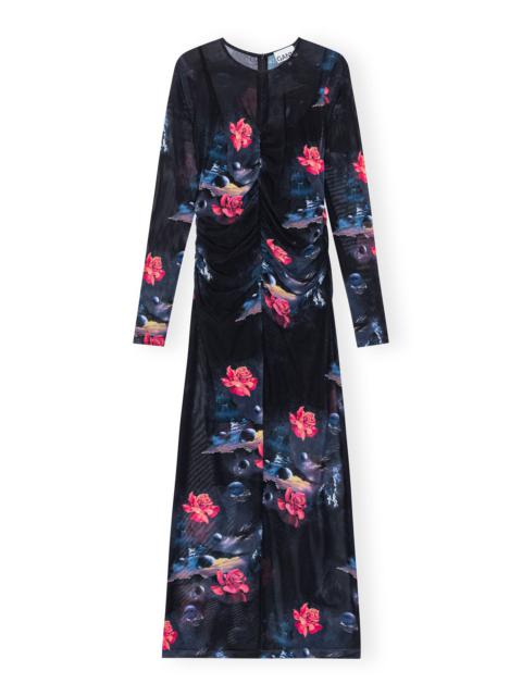 GANNI PRINTED MESH O-NECK RUCHED LONG DRESS