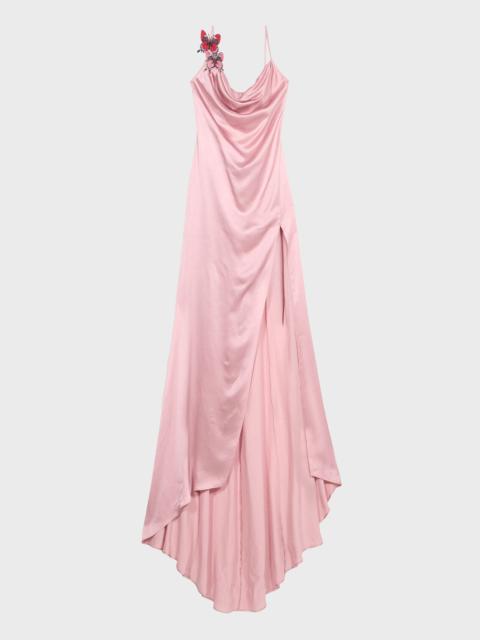 Blumarine LONG SATIN DRESS WITH BUTTERFLY AND SLIT