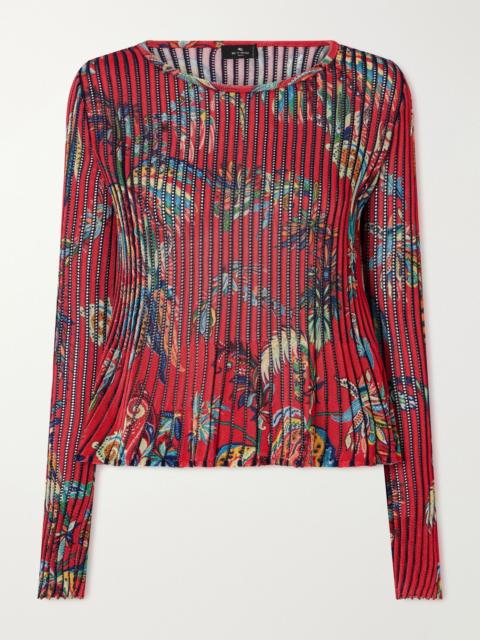 Etro Floral-print open-knit ribbed blouse Red
