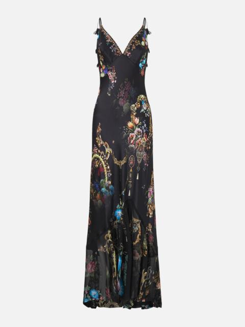 CAMILLA V NECK SLIP DRESS WITH FLOUNCE HEM NIGHT GARDEN