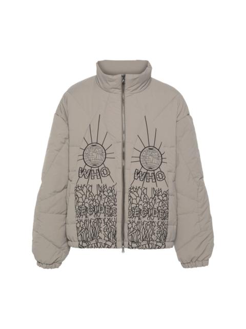 WHO DECIDES WAR embroidered zip-up bomber jacket