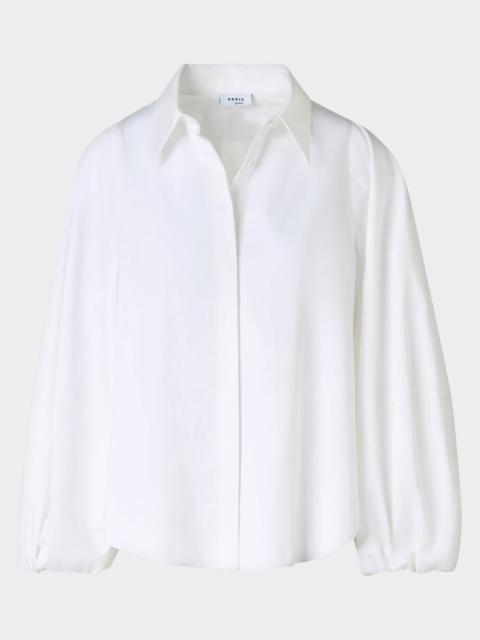 AKRIS Balloon-Sleeve Cotton Satin Button-Down Shirt Blouse