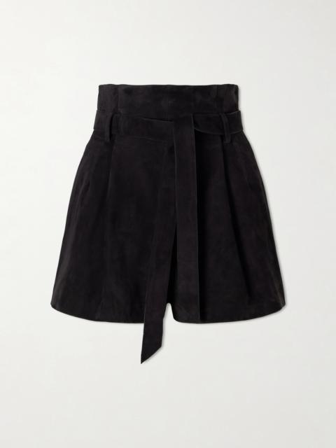 GALVAN Livia Belted Pleated Suede Shorts