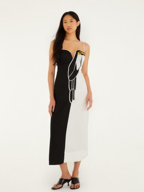 FARM RIO Black And White Embroidered Toucan Euroflax Premium Linen Sleeveless Maxi Dress