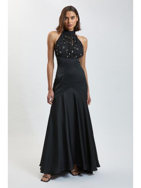 KAREN MILLEN Crystal Halterneck Satin Maxi Gown