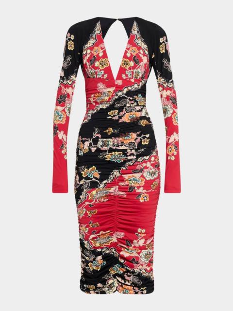 Roberto Cavalli Ruched Open-Back Long-Sleeve Midi Dress