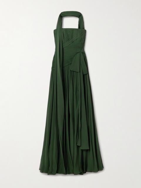 ELIE SAAB Scarf-detailed Pintucked Silk Crepe De Chine Gown