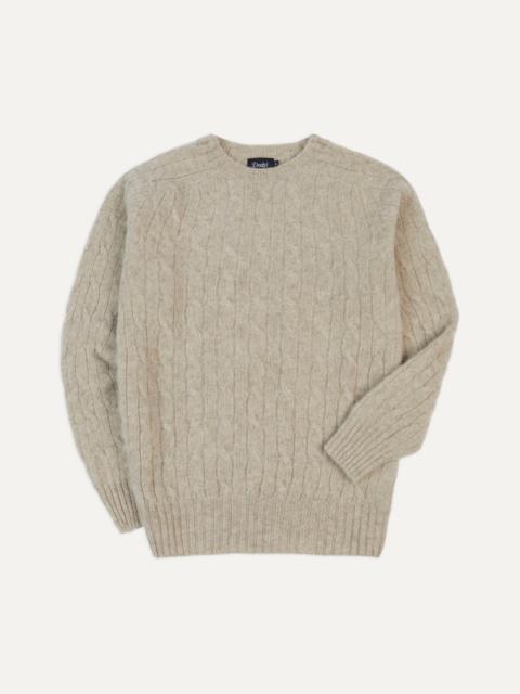 Drake's Putty Brushed Cable Knit Shetland Crew Neck Jumper