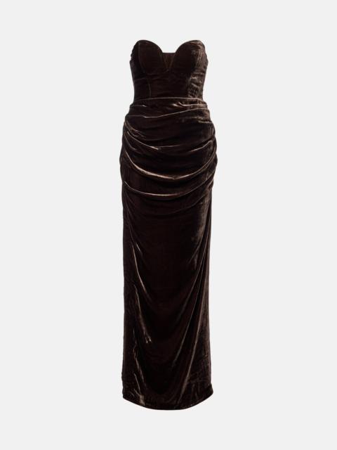 ROTATE Draped velvet bustier gown