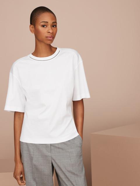 Cotton jersey T-shirt with padded shoulder and shiny neckline