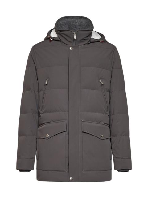 Brunello Cucinelli Steel grey bonded nylon padded hooded parka