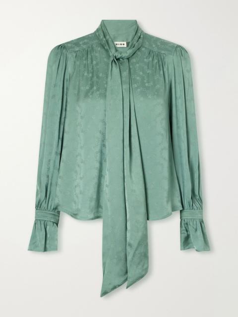 RIXO Evanora pussy-bow gathered floral-jacquard satin blouse Green