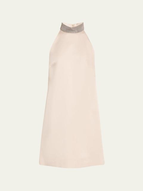 Brunello Cucinelli Satin Cady A-Line Dress with Precious Monili Collar