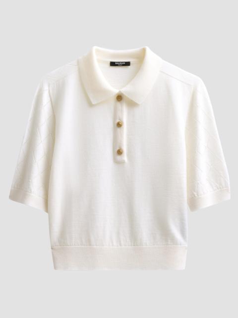 Balmain Women's Diamond-Knit-Sleeve Merino Wool Polo Shirt - Blanc