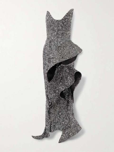 MATICEVSKI Thistle Wave asymmetric ruffled sequined crepe gown Silver