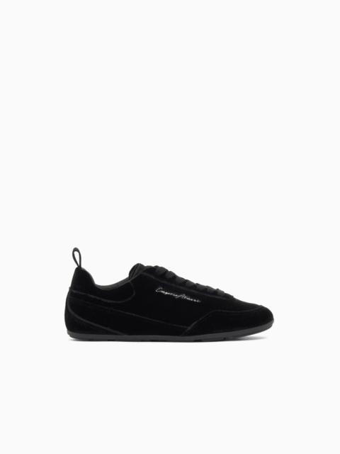 EMPORIO ARMANI VELVET LOW-TOP SNEAKERS WITH AN EMBROIDERED SIDE LOGO