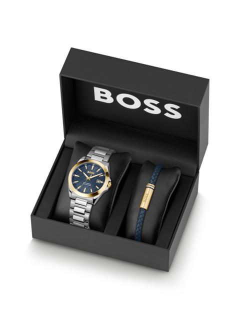 BOSS STRIKE BLUE-DIAL WATCH AND LEATHER CUFF GIFT SET