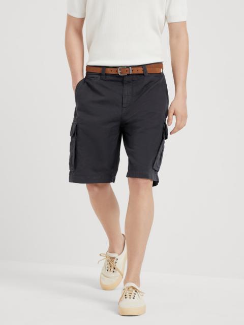 Garment-dyed Bermuda shorts in twisted linen and cotton gabardine with cargo pockets