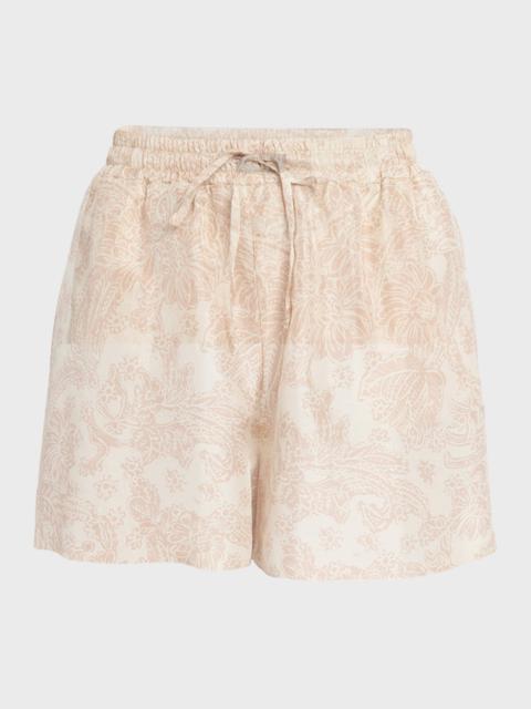 Loro Piana Perth Woodblock Botanic-Print Silk Pull-On Bermuda Shorts