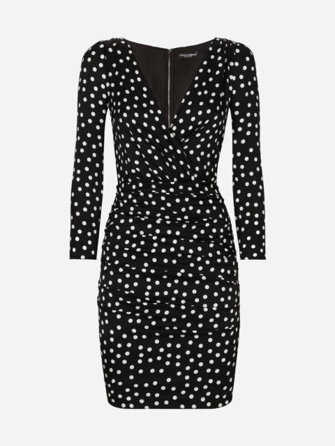 Short charmeuse dress with draped detailing and micro polka-dot print