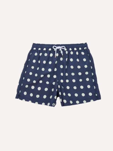 Drake's Navy Polka Dot Print Nylon Drawstring Swim Shorts
