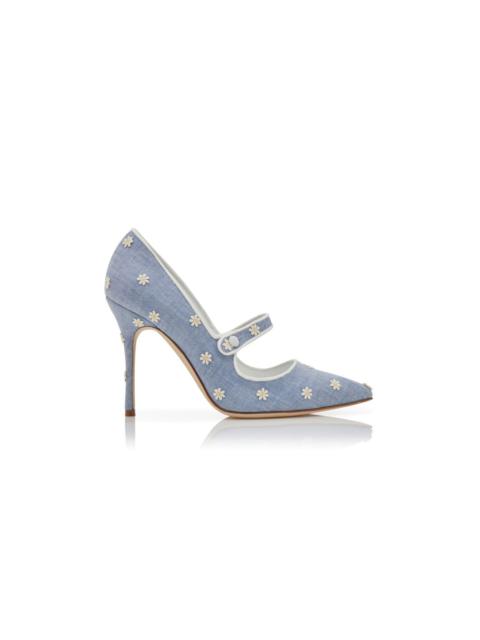 Blue and White Chambray Daisy Pumps