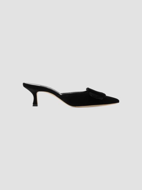 Manolo Blahnik Women's Maysale 50MM Buckle-Detail Velvet Kitten-Heel Mules - Black