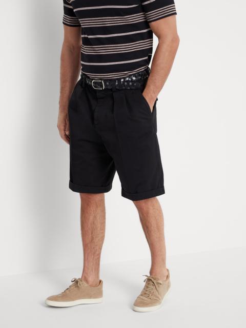 Garment-dyed Bermuda shorts in twisted cotton gabardine with box pleats