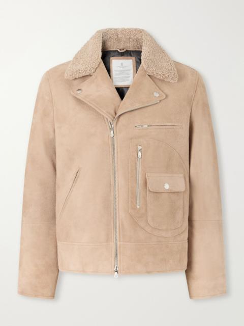 Brunello Cucinelli Shearling-Trimmed Suede Leather Biker Jacket Beige