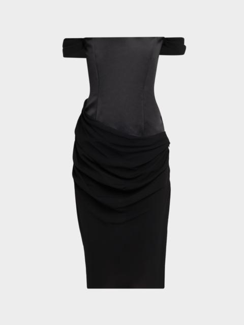 ALEX PERRY Off-The-Shoulder Draped Satin Corset Midi Dress
