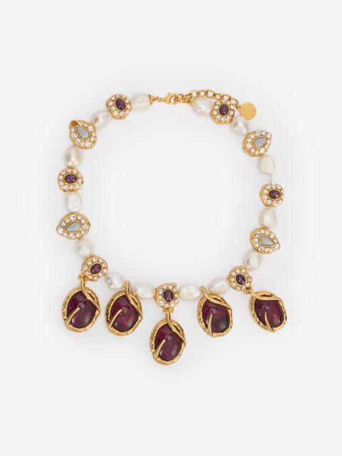 Roberto Cavalli Golden Necklace With Pearls And Amethyst-Effect Stones