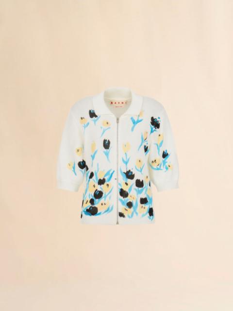 Marni CREAM COTTON ZIP CARDIGAN WITH FLORAL PRINT