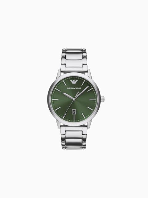 EMPORIO ARMANI THREE-HAND DATE BLACK LEATHER WATCH