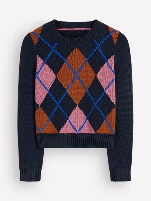 BODEN Lucy Chunky Cotton Sweater-navy, pink and brown argyle
