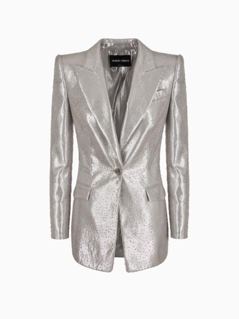 GIORGIO ARMANI Long single-breasted jacket in silk and tulle with rhinestone embroidery