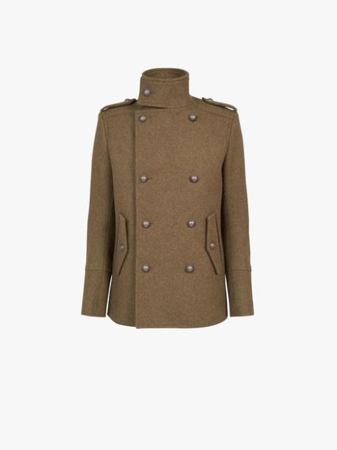 Light khaki wool military pea coat with double-breasted silver-tone buttoned fastening