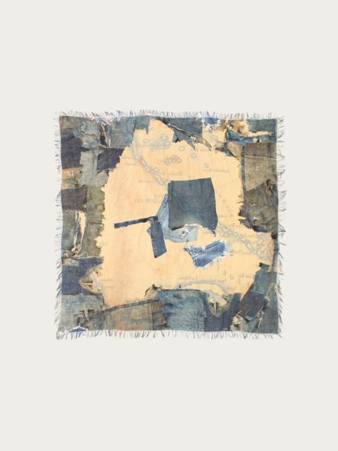 Kapital Rayon Fringed Square Stole (KAYO HUESO Denim Map) - Blue