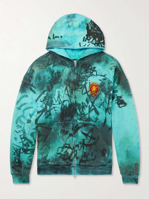 Logo-Appliquéd Distressed Printed Cotton-Jersey Zip-Up Hoodie