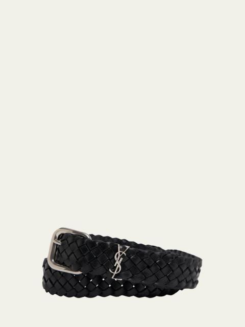 SAINT LAURENT Men's Cassandre YSL Woven Leather Belt